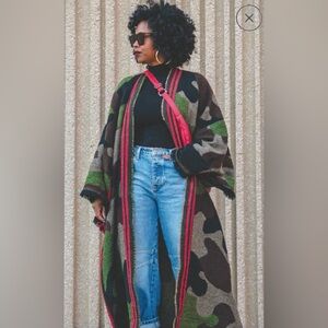 Camouflage Long Kimono with Red Accents